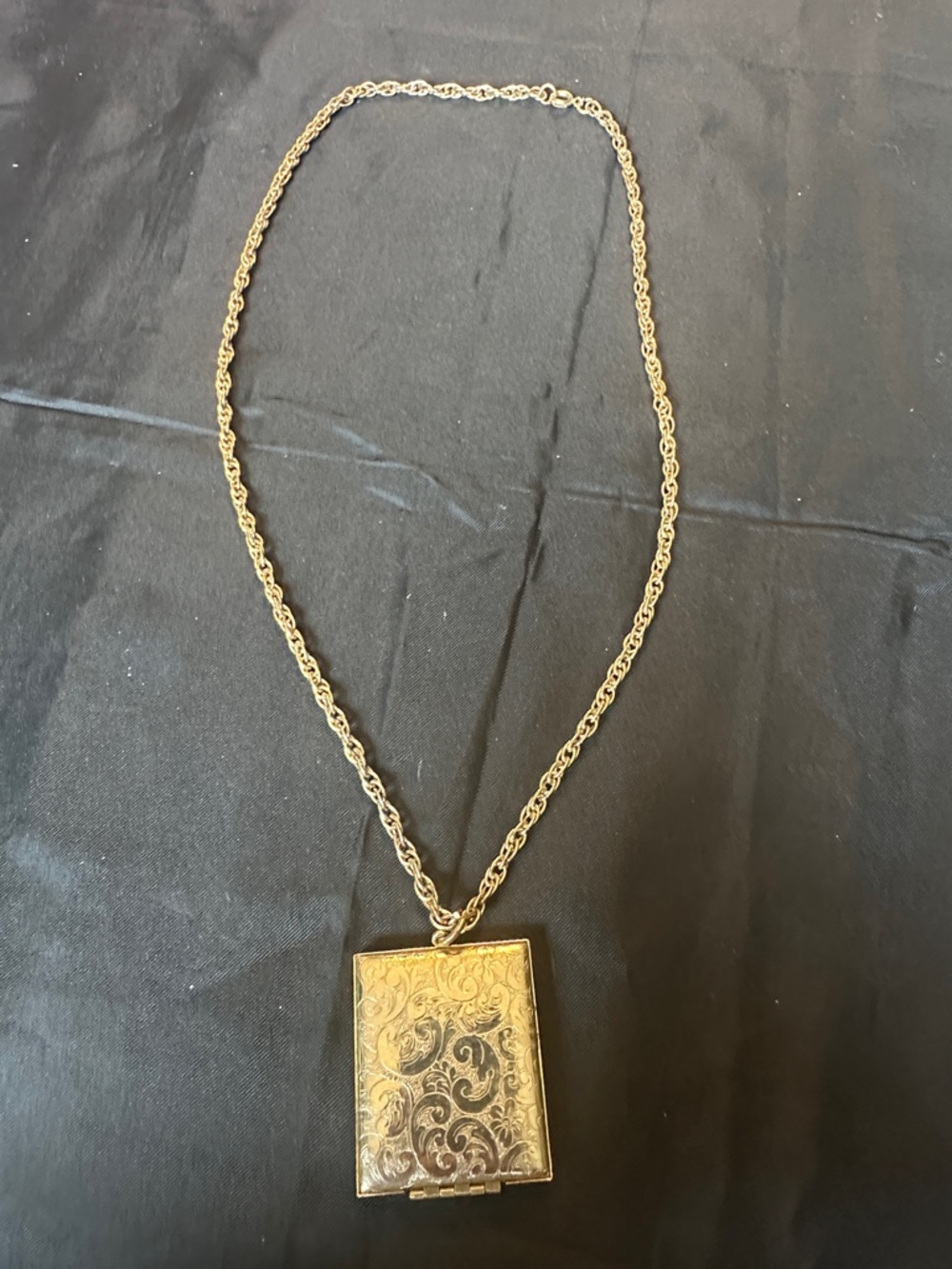 Vintage Engraved Gold Tone Book Locket Necklace | Ornate Floral Scroll